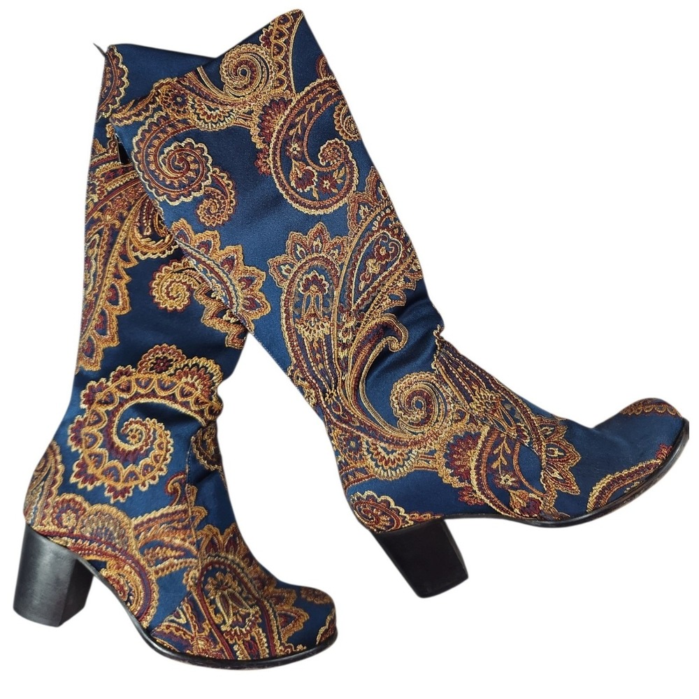 Mavi Turkish Shoes Paisley Tapestry Boots Women 37 Blue Gold Bohemian Block Heel